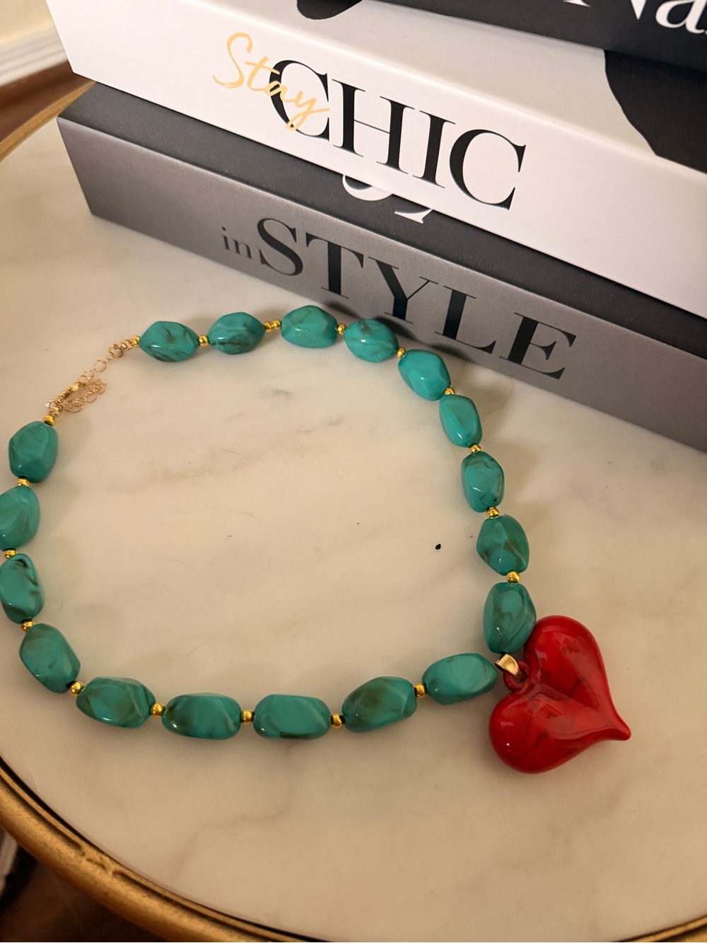 Turquoise Beaded Necklace with Red Heart Pendant